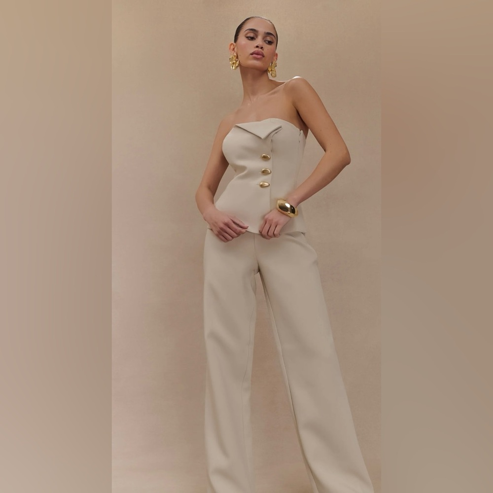 NWT Meshki Lindie sand straight leg suit pants and strapless suit top.